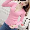 Top de punto sexy de cuello en V cruzado y manga larga para mujer, nuevo estilo primavera y otoño, ceñido a la cintura, adelgazante, camiseta base elegante de alta gama