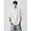 Camiseta Bordada para Pareja Marca Trendy Americana Diseño de Verano para Hombre Atractiva Holgada Manga Tres Cuartos Cuello Redondo Pesado Camiseta de Manga Corta