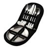 Talheres de Aço Inoxidável para Viagem ao Ar Livre Estilo Camping Prato para Piquenique e Churrasco Clipe para Prato Faca de Bife, Garfo e Colher Conjunto Bolsa Portátil para Cosméticos