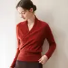 Suéter de Cachemira Nuevo Otoño e Invierno para Mujer Nuevo Francés Cruzado Cuello en V Suéter de Punto con Temperamento Moda Tejido Retro Top Base
