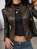 Chaqueta de cuero para mujer estilo europeo y americano minimalista transfronteriza, corte entallado, ceñida a la cintura, elegante, de longitud corta, abrigo vintage de otoño para chica popular