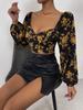 Ropa de Mujer de Comercio Exterior Aliexpress Estilo Retro Maduro Camiseta Estampada Primavera y Verano Cuello Cuadrado Manga Abullonada Top Corto Floral