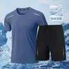 Traje esportivo de resfriamento de secagem rápida para homens, verão fino corrida fitness alta elasticidade malha de seda gelada masculina shorts de manga curta
