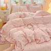 Conjunto de Cobertura de Cama Estilo Ins Francês Feminino 4 Peças Estilo Princesa Gaze Bufante Renda Fronha Cobertor de Algodão Lavado Fresco
