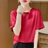 Camiseta top de satén sedoso para mujer, cuello redondo, manga corta, nueva para primavera-verano, holgada, versátil, para llevar en capas, ligera y transpirable, de manga corta de moda
