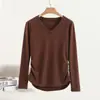 Camiseta de Terciopelo Irregular con Cuello en V de Manga Larga y Dobladillo Curvo para Otoño e Invierno, Camiseta Básica Ajustada Adelgazante para Mujer