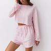 Pijamas de mujer de venta caliente transfronterizos, Ropa para el hogar, Conjuntos de shorts de manga larga de jacquard, de cintura alta, Ropa para el hogar, Cuello redondo