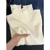 Camiseta básica de punto ajustada para mujer, estilo francés para otoño e invierno, con ribete de encaje, adecuada para llevar debajo de pieles, con cuello semi-alto, elegante, de manga larga.