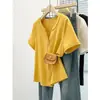 Ropa de verano transfronteriza para mujer de talla grande, cuello en V adelgazante, camiseta de manga corta de color liso con botones talla grande, top versátil de hombro normal para mujer, corte ajustado