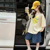 Conjunto de Verão para Meninas Estilo Coreano Camiseta Soltinha de Manga Curta Roupa de Verão Estilosa Shorts Jeans Conjunto de Duas Peças
