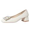 Zapatos de Mujer de Tacón Medio con Punta Cuadrada 2026 Nuevo Estilo Tacón Grueso Hebilla Cuadrada Pedrería Zapatos de Mujer Boca Baja Piel de Oveja Zapatos de Suela Blanda Zapatos de Mujer de Moda