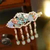 Horquilla de perla Xiangyun azul quemada de estilo antiguo, nueva horquilla china con borla lateral, clip de sentido avanzado, accesorio para el cabello, horquilla para la cabeza