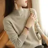 Suéter elegante e estiloso de gola alta parcial para mulheres, com caimento solto e emagrecedor, adequado para primavera, outono e inverno, fino e leve, blusa de manga comprida de tricô preta