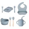Prato de jantar de silicone para bebê novo de fábrica, conjunto de talheres com ventosa grande, 8 peças, prato de jantar de silicone com tema de carro de desenho animado para crianças