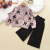 Cardigan de suéter com laço para meninas, conjunto de duas peças de calças largas de malha, suéter de outono para meninas