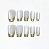 24 Piezas de Uñas Portátiles Estilo Europeo y Americano con Manicura Francesa Simple con Borde Dorado, Pegatinas Removibles para Uñas Postizas