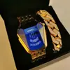 Juego de 2 Piezas/Set de Pulseras de Reloj Estilo Hip-Hop Reloj con Esfera Grande Correa de Acero Incrustada de Diamantes + Pulsera Totalmente de Diamantes
