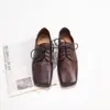 Sapatos Quadrados Femininos Estilo Britânico, Design Retro com Cadarço, Sapatos de Couro Femininos Multicor Planos Confortáveis