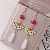 Nuevos Pendientes Plegables de Abanico Estilo Chino Largo con Borla Antigua de Jade Hetian y Flor de Ciruelo de Metal Pendientes Vintage Joyería para Orejas para Mujeres