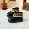 Botas negras de cuero forradas de felpa para niñas, botines de invierno para niños, botas de princesa con lazo para bebé niña