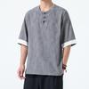2025 Novo Estilo de Verão Estilo Chinês Camisa Masculina Retrô Tendência Camisa de Manga Três Quartos Camisa de Manga Média Estampada Gola Redonda Terno Tang