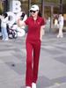 Traje Deportivo Casual Rojo 2024 para Mujer Verano Look Adelgazante Reductor de Edad Gama Alta Manga Corta Pantalones de Pierna Ancha Conjunto de Dos Piezas para Danza Cuadrada