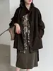 Chaqueta de Piel Sintética con Cordones y Cuello Alto Luxi para Mujer, Nuevo Otoño Vintage Color Café, Gabardina Sofisticada de Longitud Media 3979