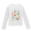 Camiseta preta com gola U e manga longa para mulheres, novo estilo primavera e outono, estampa floral de desenho animado, corte justo, top moderno