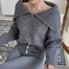 Suéter de malha casual solto de manga comprida com lapela grande e zíper, design simples, fresco e elegante, para outono e inverno, estilo Coreia do Sul