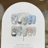 Um Par de Unhas Postiças Fofas Estilo Miu Estilo Ballet Azul Bebê Brilhante com Lantejoulas de Estrela Laço de Pérola