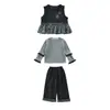 Dulce conjunto coreano de tres piezas para niñas pequeñas, nueva moda otoño 2026, elegante conjunto de pantalones con volantes y chaleco para niñas