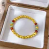 Pulsera de Perlas Redondas Chapadas en Oro Estilo Antiguo con Turquesas, Ágata Roja, Perlas de Oro Mate, Acabado Mate Vintage, Estilo Chino de Moda