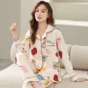 Pijama de alta gama 100% algodón para mujer, primavera, otoño, verano, cárdigan de manga larga, dulce, casual, holgado, ropa de casa, conjunto para mamá