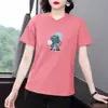 Camiseta de Manga Corta Estampada de Moda para Mujer, Corte Holgado, Adelgazante, Cubre Vientre, Top de Verano, Tallas Grandes, Camiseta de Hombro Normal
