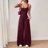 Nova macacão feminino de cor sólida transpassado no busto, casual de verão, perna larga, solto, roupas femininas, transfronteiriço europeu e americano da Amazon