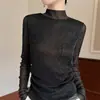 Camiseta base de malla de seda semi-transparente con cuello semi-alto para mujer, estilo europeo primavera/verano, ropa interior de alta gama ajustada, venta al por mayor transfronteriza