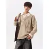 Suéter de Punto Trenzado Cuello en V Falso Dos Piezas Estilo Old Money Retro para Hombre Otoño Invierno Jersey con Solapa Atmósfera