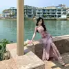 Vestido Floral Dust Deng Deng com Gola Halter para Mulheres, Novo Estilo Francês Sem Alças Longo com Ajuste na Cintura para Primavera