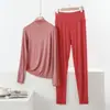 Conjunto Casual de Dos Piezas para el Hogar, Holgado, Talla Grande, Modal Delgado, para Primavera y Otoño, con Cuello Semi Alto, Mangas Largas y Pantalones de Cintura Alta