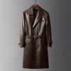 Chaqueta de cuero genuino de vaca de alta calidad para otoño e invierno, abrigo cruzado con solapa y cinturón, cortavientos de longitud media.