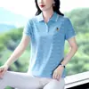 Camiseta de manga corta de seda helada para mujer, ropa de verano, elegante polo para madre, holgada y adelgazante, top de talla grande, camisa pequeña con solapa bordada