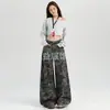 Jeans Workwear Camuflado Estilo Retro Americano Plus Size Feminino, Estilo Preguiçoso e Relaxado, Calça Wide Leg Emagrecedora, Tendência