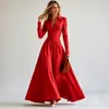 E-commerce transfronteiriço, estilo europeu e americano, nova coleção de verão: um vestido shirt elegante de manga comprida com gola alta, frente abotoada e cintura marcada com saia evasê