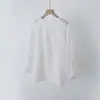 Blusa Top Artística Lavada de Linho Estilo Japonês para o Dia a Dia, Soltinha, Juvenil, com Ombro Caído e Manga Lanterna, Transparente Fina