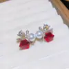 Brincos de Flor de Zircônia com Pingente de Borla de Contas Redondas de Feijão Vermelho e Pérola, Brincos de Luxo Leve de Alta Qualidade, Brincos Vermelhos de Ano Novo para Mulheres