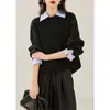 Suéter de punto negro de retazos otoñal/invernal nuevo y elegante transfronterizo con colores contrastantes, con un diseño de dos piezas simulado y cuello de camisa, top de punto de manga larga
