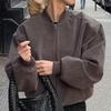 Chaqueta Gris para Mujer, Melard Otoño e Invierno Retro Gamuza Estilo High Street Americano, Cuello Alto, Manga Larga, Chaqueta con Cremallera de Piloto
