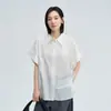 Camisa feminina de manga curta, novo estilo verão 2026, corte solto, emagrecedora, gola de lapela, algodão puro, top casual e estiloso para o dia a dia