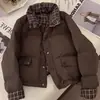 Chaqueta Abrigo de Algodón con Cuello Alto Patchwork a Cuadros Estilo Retro Americano para Mujer Otoño Invierno Sentido del Diseño Petite Casual Versátil Chaqueta Corta de Algodón