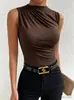 Regata Feminina Sem Mangas Gola Alta Slim, Tecido Macio Para Múltiplas Ocasiões de Looks de Verão